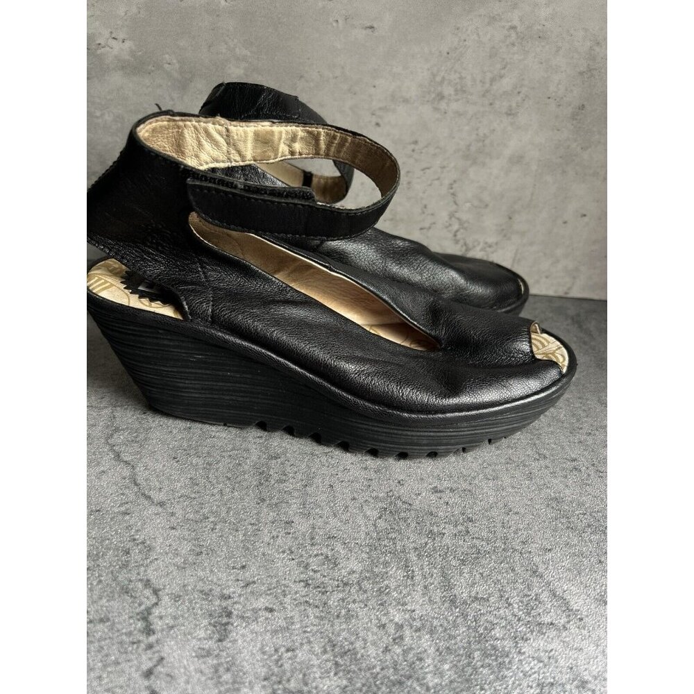 Fly London Yala Peep Toe Black Leather Platform Wedge Sandal EU 37 US 6.5 - Picture 2 of 16